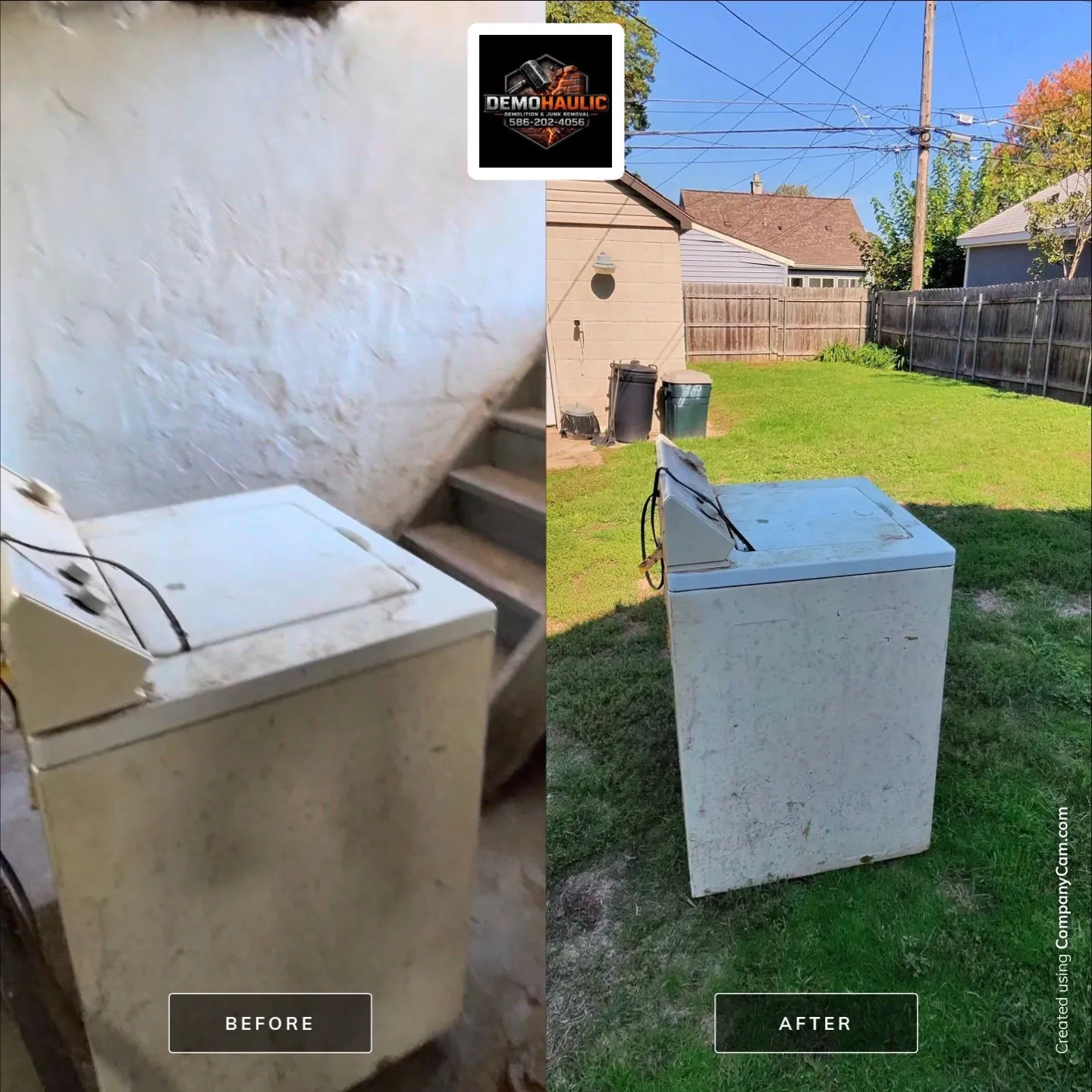 Washing machine at basement stairs before removal and outside on a lawn afterward