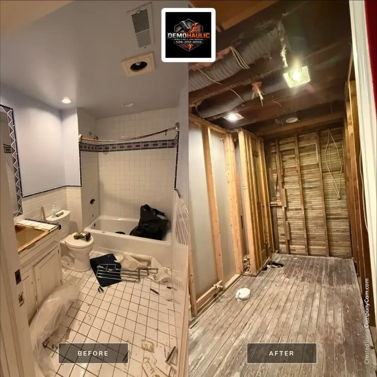Before-and-after showing a Demohaulic bathroom tile-removal job, with the tiled bathroom before tear-out beside the same room after the tile and surrounding finishes were removed