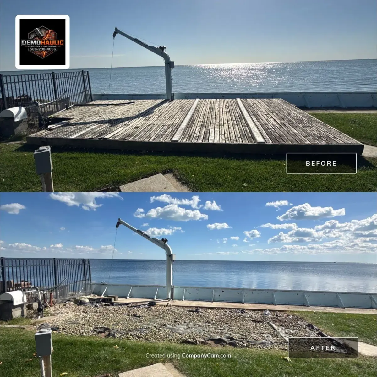 Harrison Township waterfront wood deck before removal and the exposed gravel and rock surface afterward, with the boat hoist and seawall remaining in place