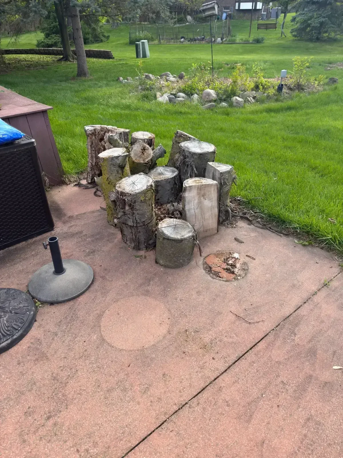 Heavy cut tree trunk sections and large wood pieces on a backyard patio before removal in Farmington Hills, Michigan