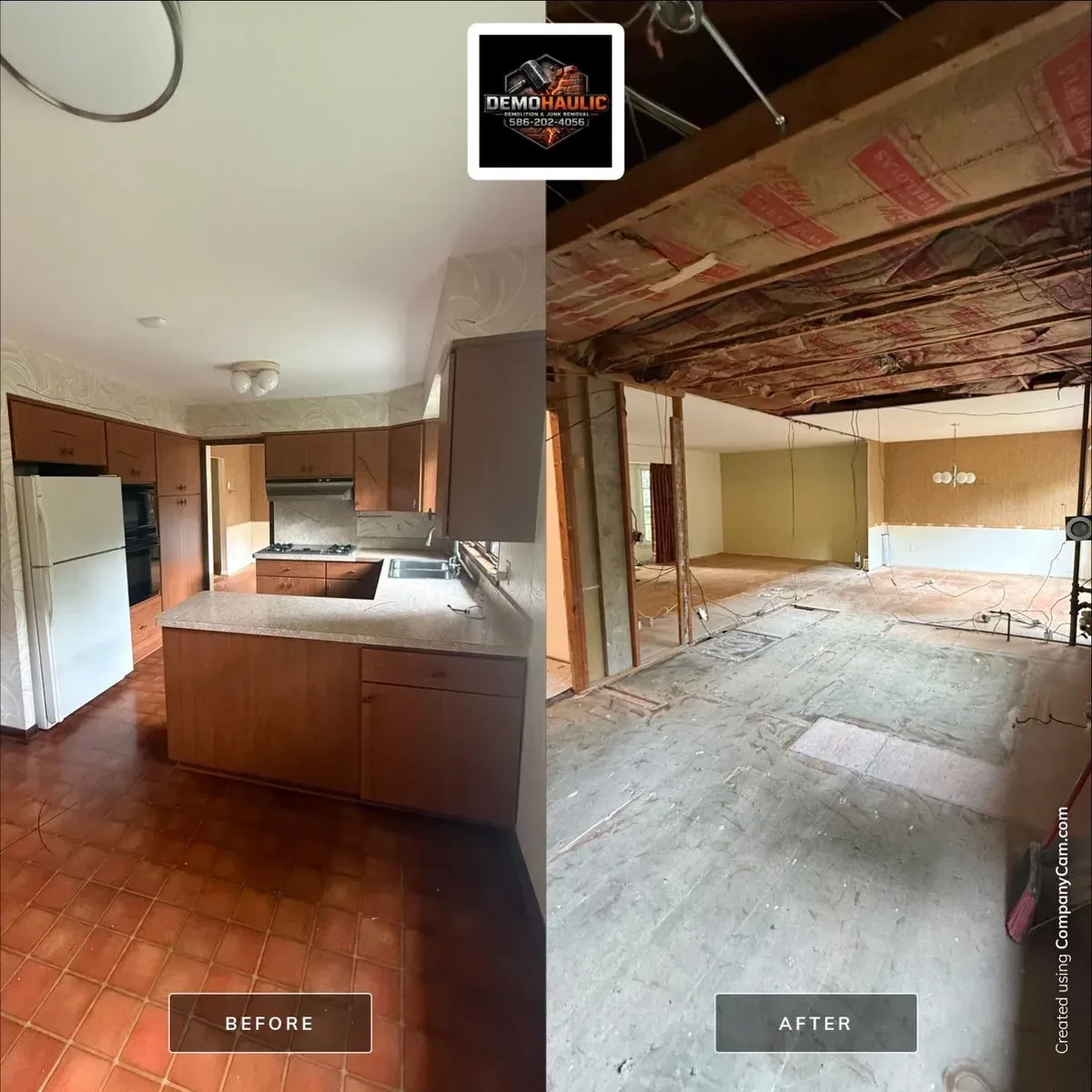 Beverly Hills galley kitchen before demolition beside the same space opened to exposed framing and plywood subfloor