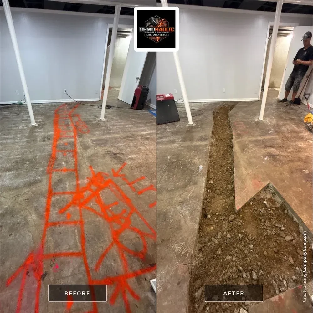 Bloomfield Hills basement concrete floor beside the opened access trench, shown before and after removal