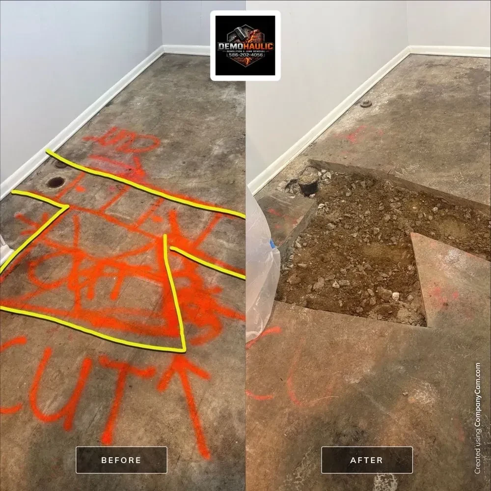 Orange-marked basement floor beside a broken-out concrete access section, shown before and after removal