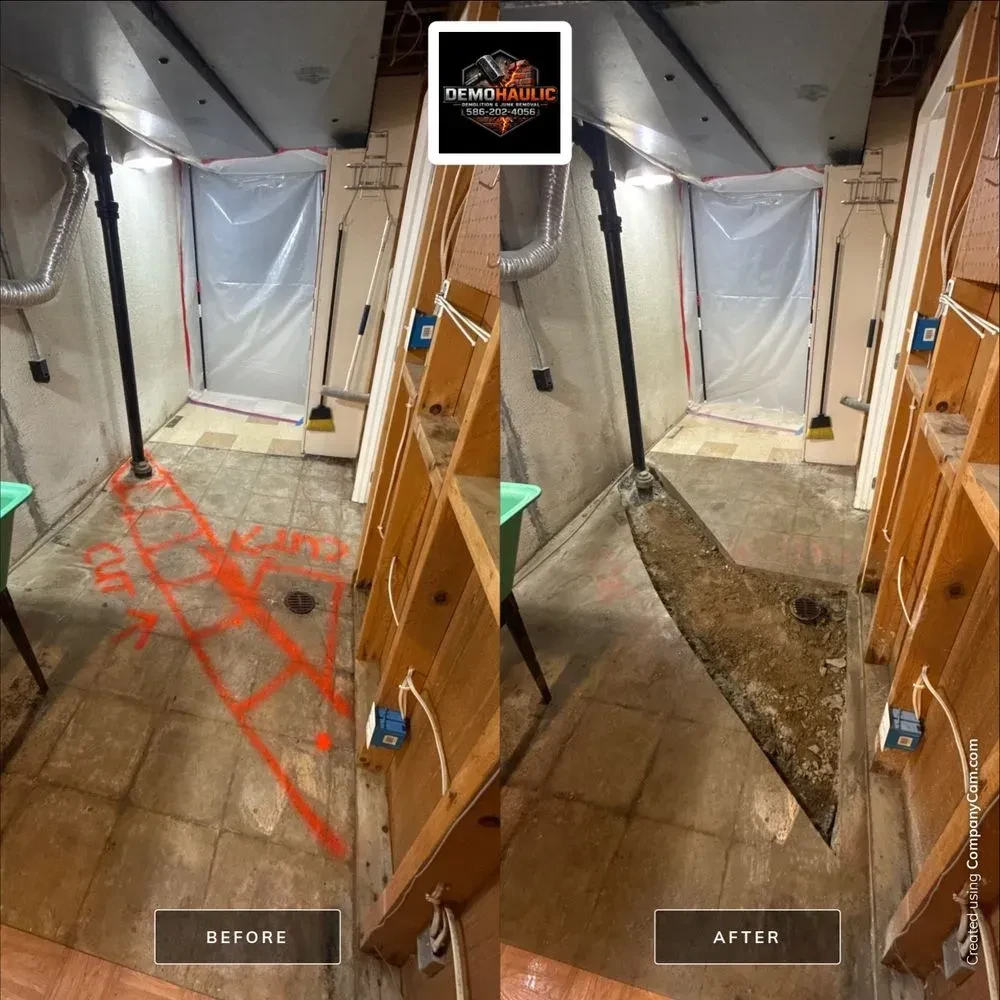 Marked basement floor beside a long concrete trench cleared for pipe access, shown before and after removal