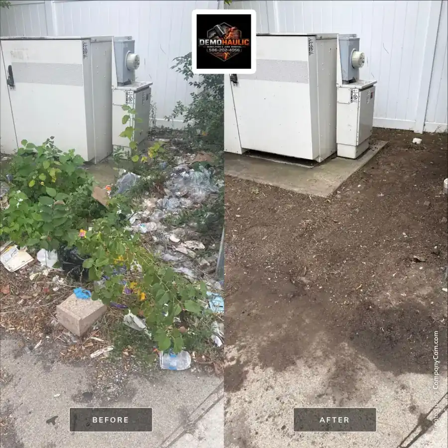 Utility equipment area before and after trash and overgrowth removal