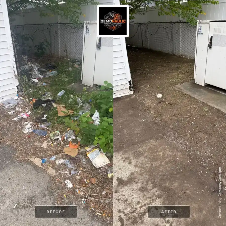 Fence and overgrown area before and after junk removal and cleanup