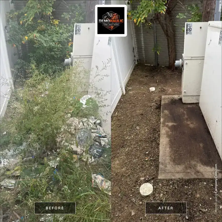 Garage exterior before and after removal of trash and overgrowth