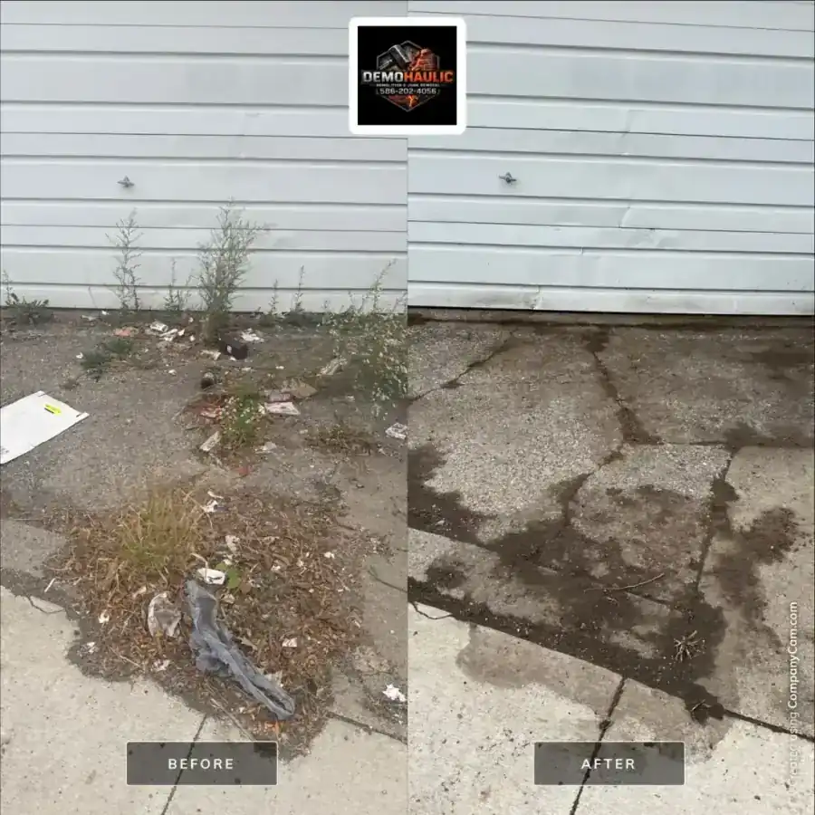 Eastpointe exterior area before removal of trash and overgrowth beside the same area after cleanup