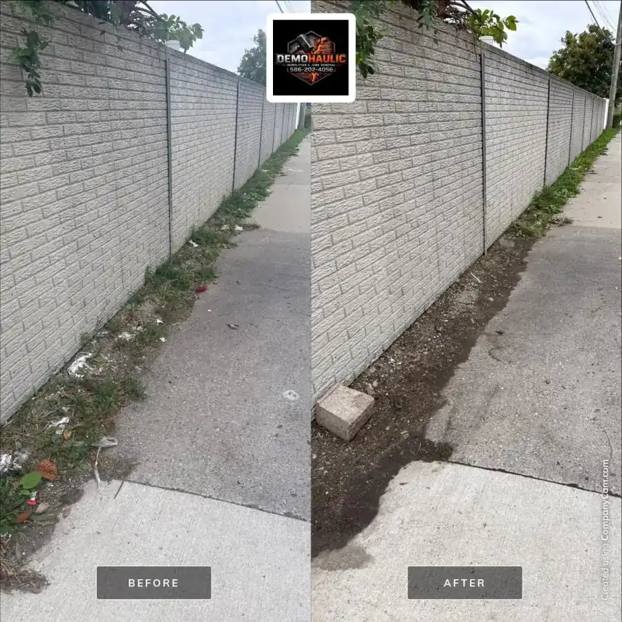 Side-yard fence area before trash and weeds were removed and after cleanup