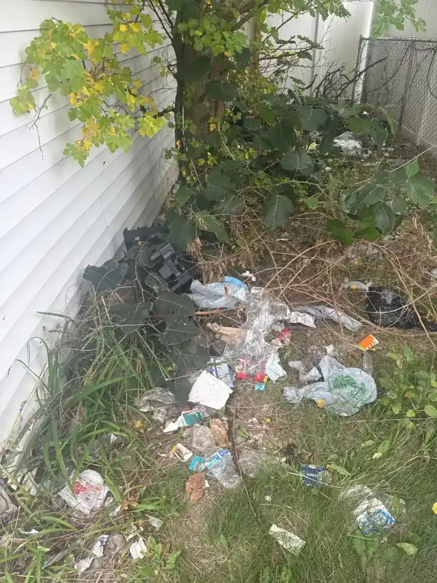 Overgrown fence-line area with discarded trash and branches before cleanup