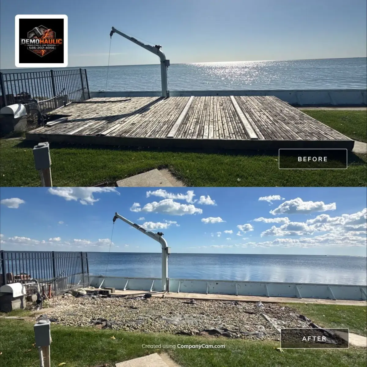 Before and after views of the Harrison Township waterfront deck removal, with the boat hoist and seawall remaining in place