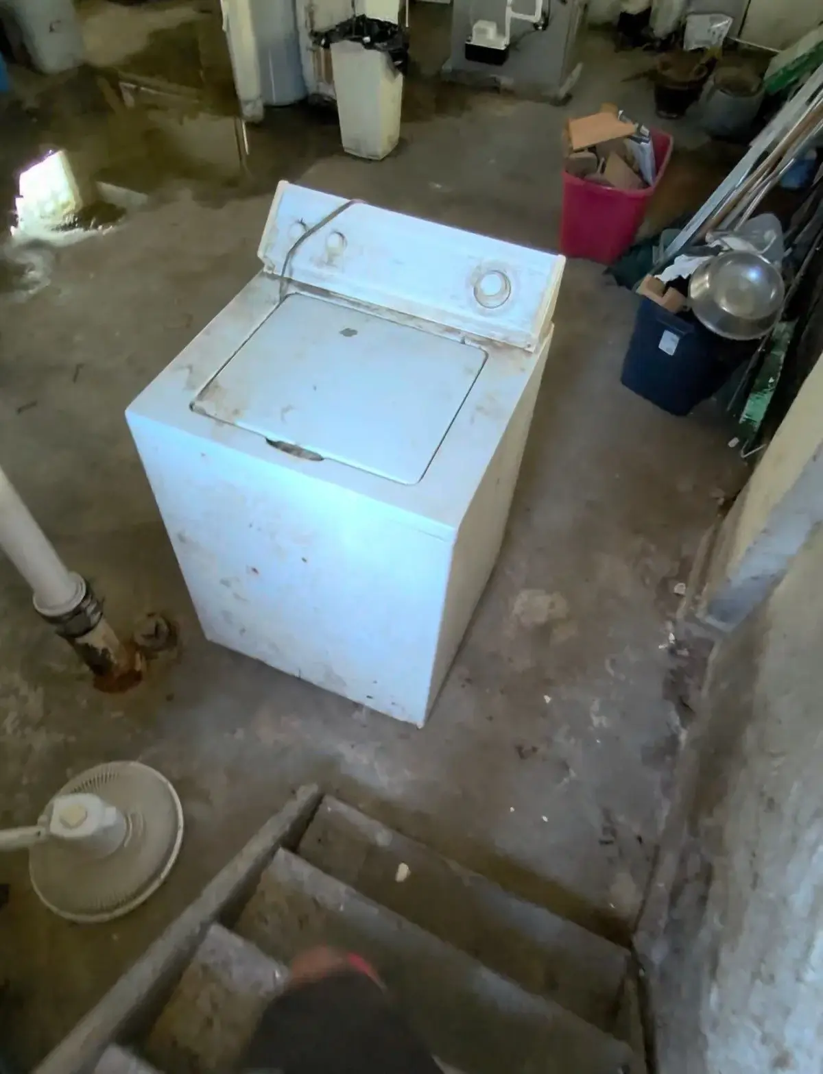 Washing machine on a basement floor beside the stairway before removal in St. Clair Shores