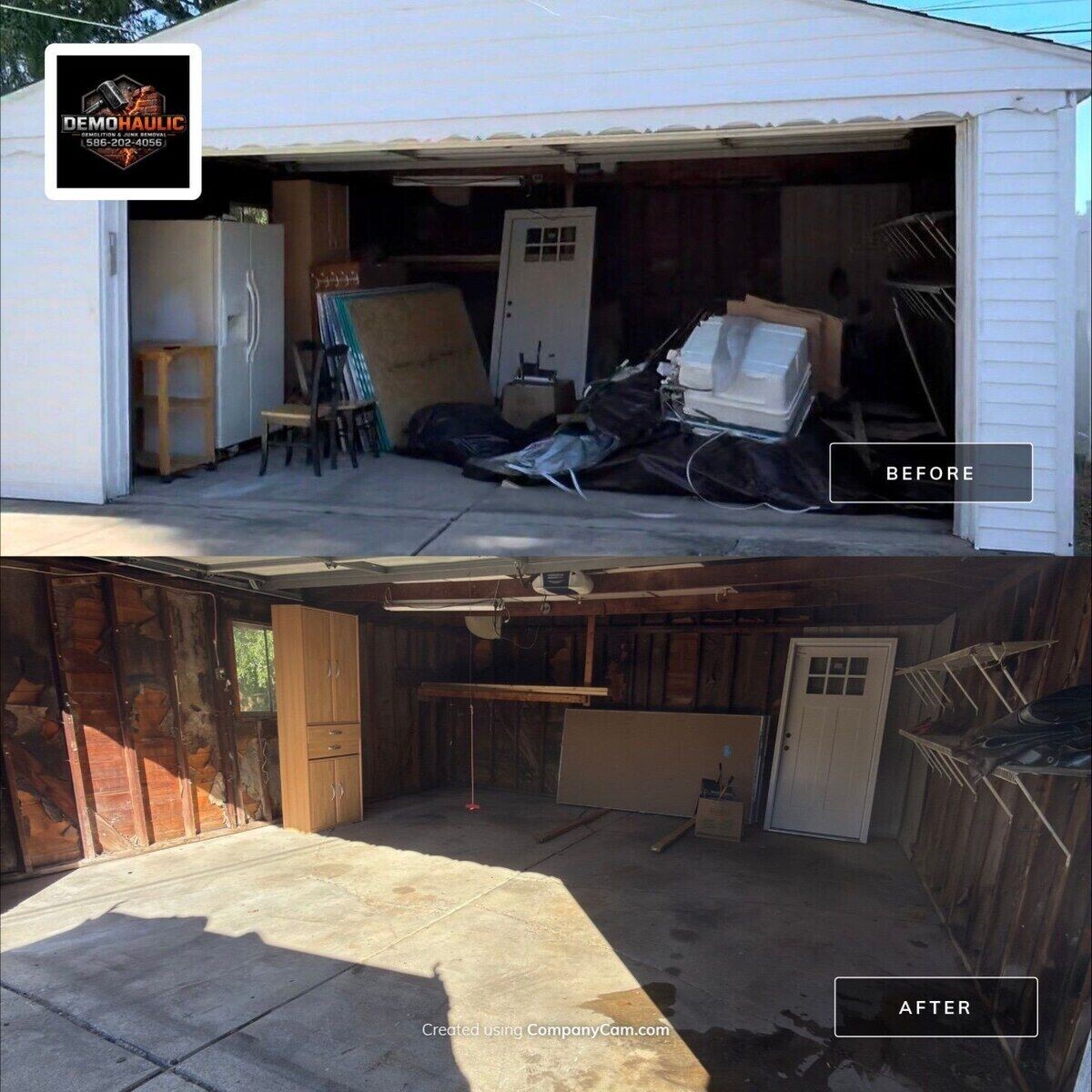 St. Clair Shores garage with stored furniture, an appliance, panels and debris before removal and a cleared garage after cleanout