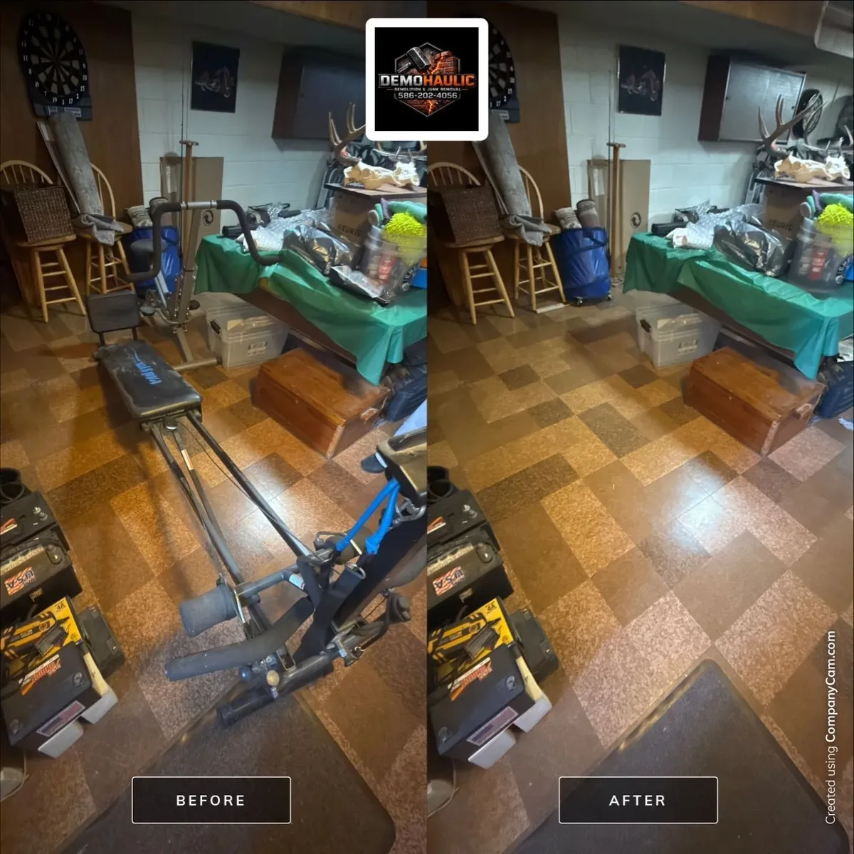 Side-by-side before and after view of a St. Clair Shores basement: a Total Gym and fitness exercise bike are present before removal, then the two items are gone with other stored contents still in place