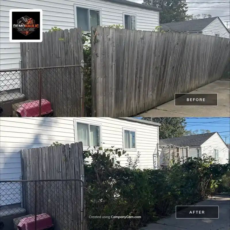 Driveway-side wooden fence before demolition and after removal