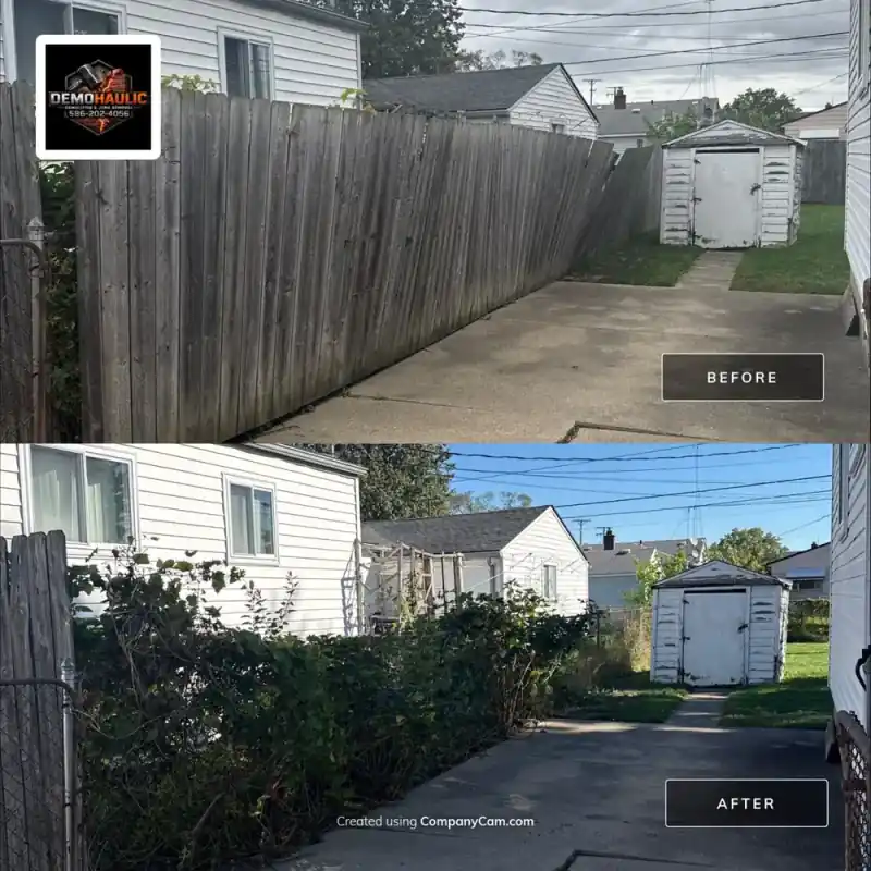 Backyard fence line before and after the wooden fence was removed