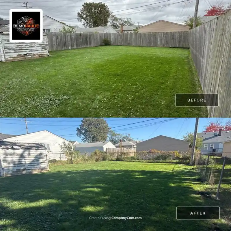 Warren backyard with wooden privacy fence before removal and the open yard after removal