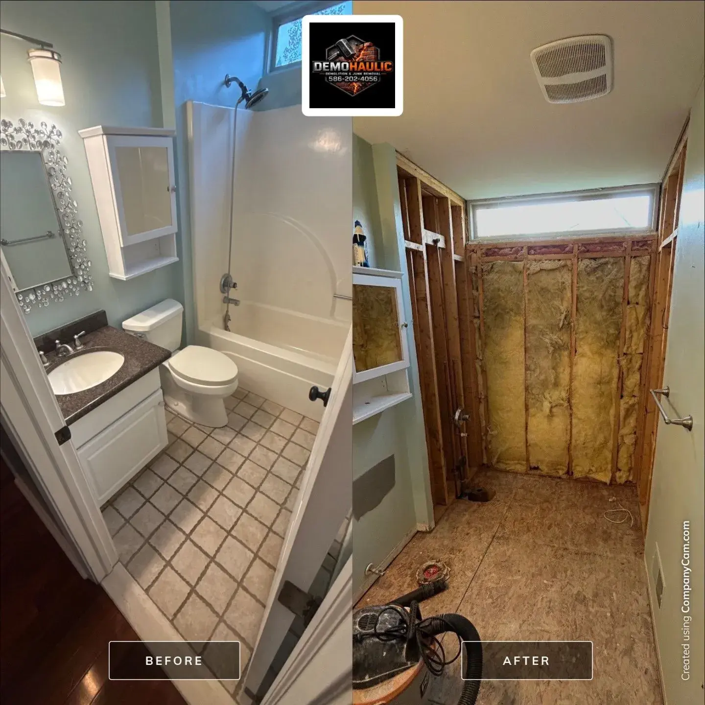 Waterford bathroom before demolition beside the opened bathroom after demolition